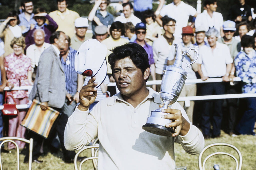 Lee Trevino poses with the Claret Jug after winning The Open in 1972